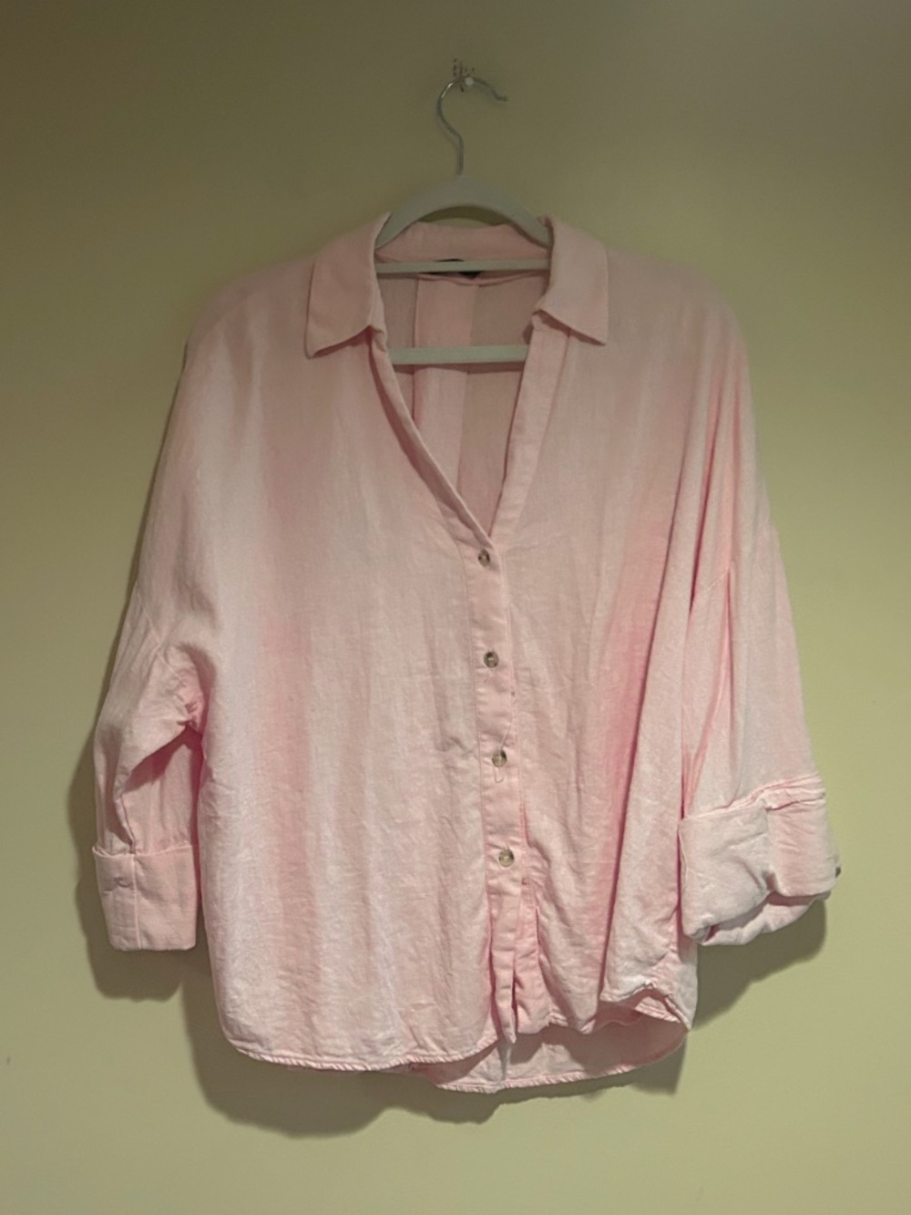 Zara Pale Pink Linen Blend Button Down Shirt Sz Med